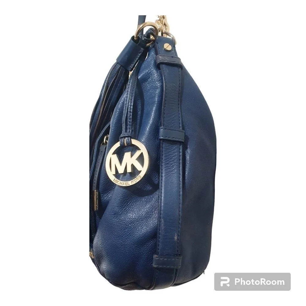 MICHAEL KORS BLUE LEATHER GOLD CHAIN DEVON LARGE SHOULDER TOTE BAG PURSE